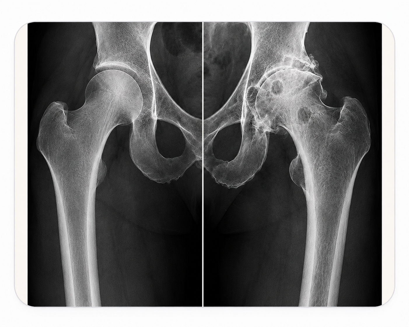 Side-by-side X-ray comparison of a normal hip and an arthritic hip