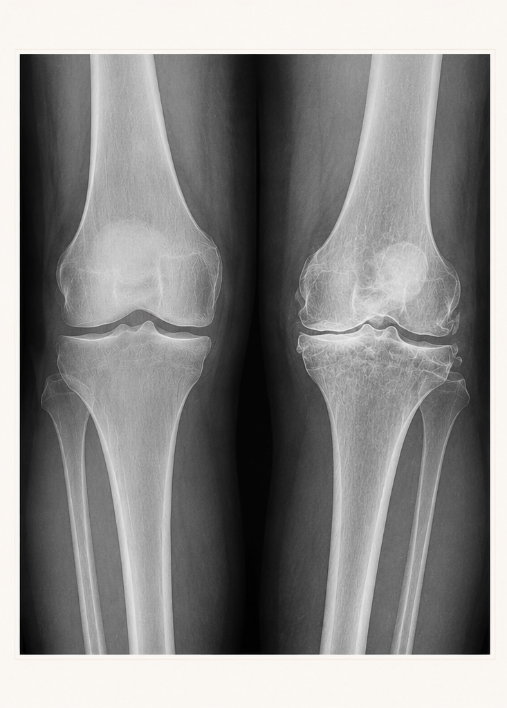 Side-by-side X-ray comparison of a normal knee and an arthritic knee