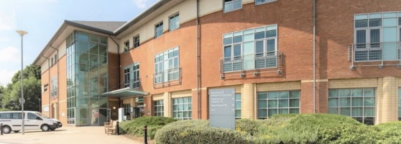 Wide view of Meriden Hospital entrance