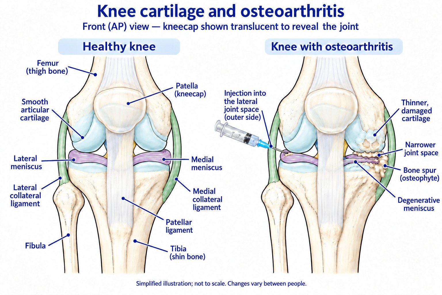 Front view of a healthy knee and a knee with osteoarthritis. The healthy knee shows the thigh bone (femur), shin bone (tibia), fibula, kneecap (patella), smooth articular cartilage, the medial and lateral menisci, collateral ligaments and the patellar ligament. The arthritic knee shows thinner, damaged cartilage, a narrower joint space, a bone spur (osteophyte) and a degenerative meniscus, with a needle injecting into the lateral joint space on the outer side of the knee.
